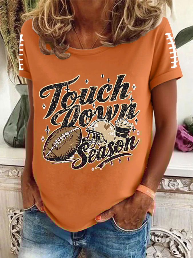 Women's Football Touch Down Season Printed Round Neck T-Shirt