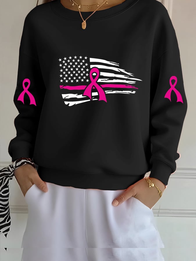 Women's Pink Breast Cancer Awareness Ribbon Distressed American Flag Sweatshirt