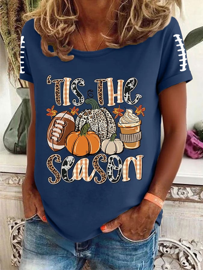 Women's FALL Football TIS THE SEASON Printed Round Neck T-Shirt