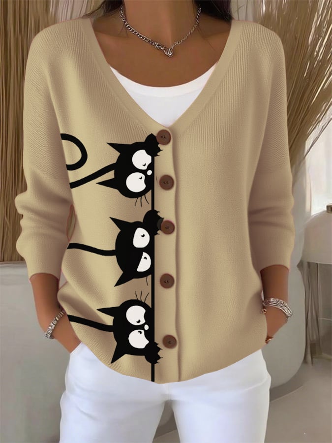 Women's Autumn Sleeping Black Cat Fun Printed Sweater Cardigan