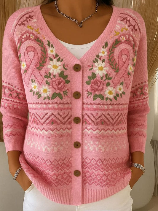 Women's Breast Cancer Print Chunky Knit Cardigan