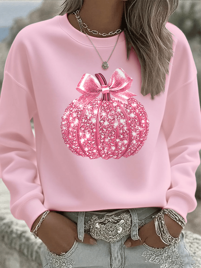 Women's Breast Cancer Sequin Pumpkin Print Crew Neck Sweatshirt