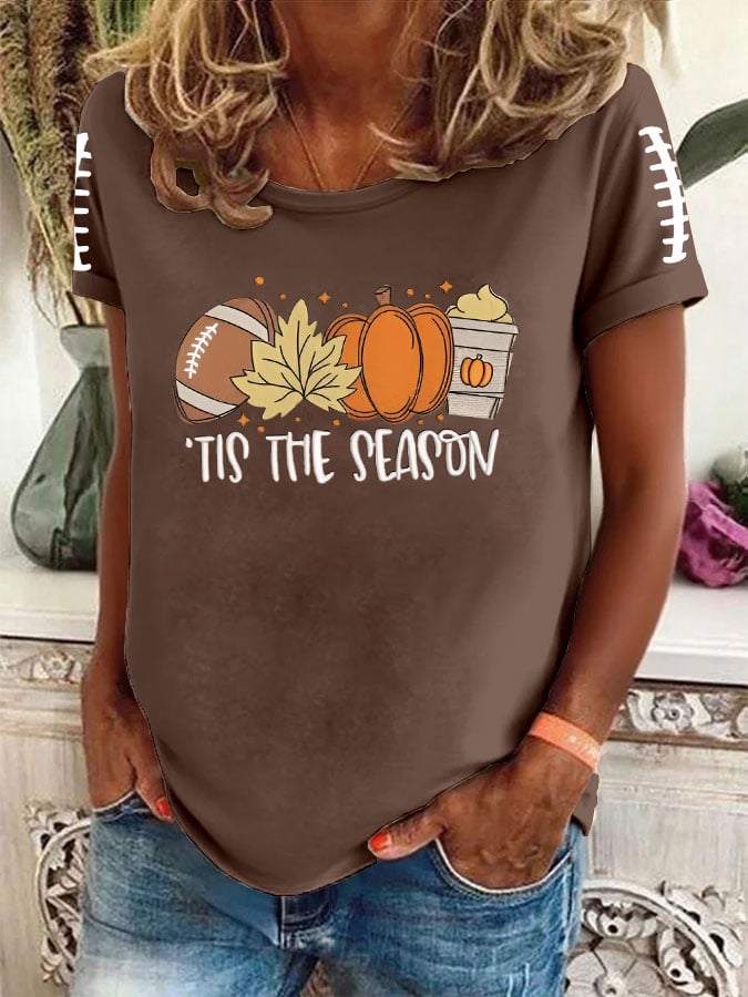 Women's FALL Football TIS THE SEASON Printed Round Neck T-Shirt