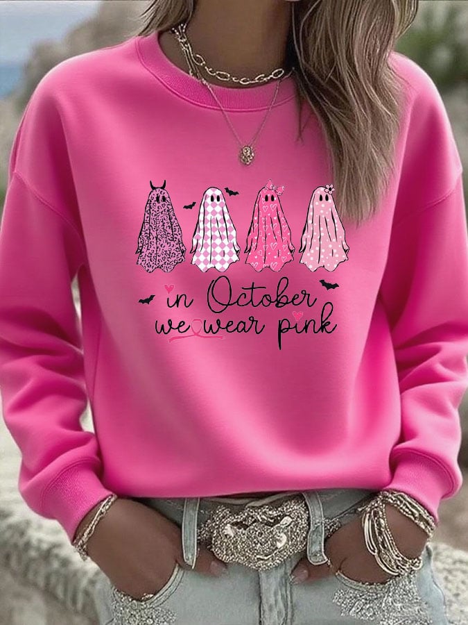 Women's In October We Wear Pink Ghosts Printed Casual Sweatshirt