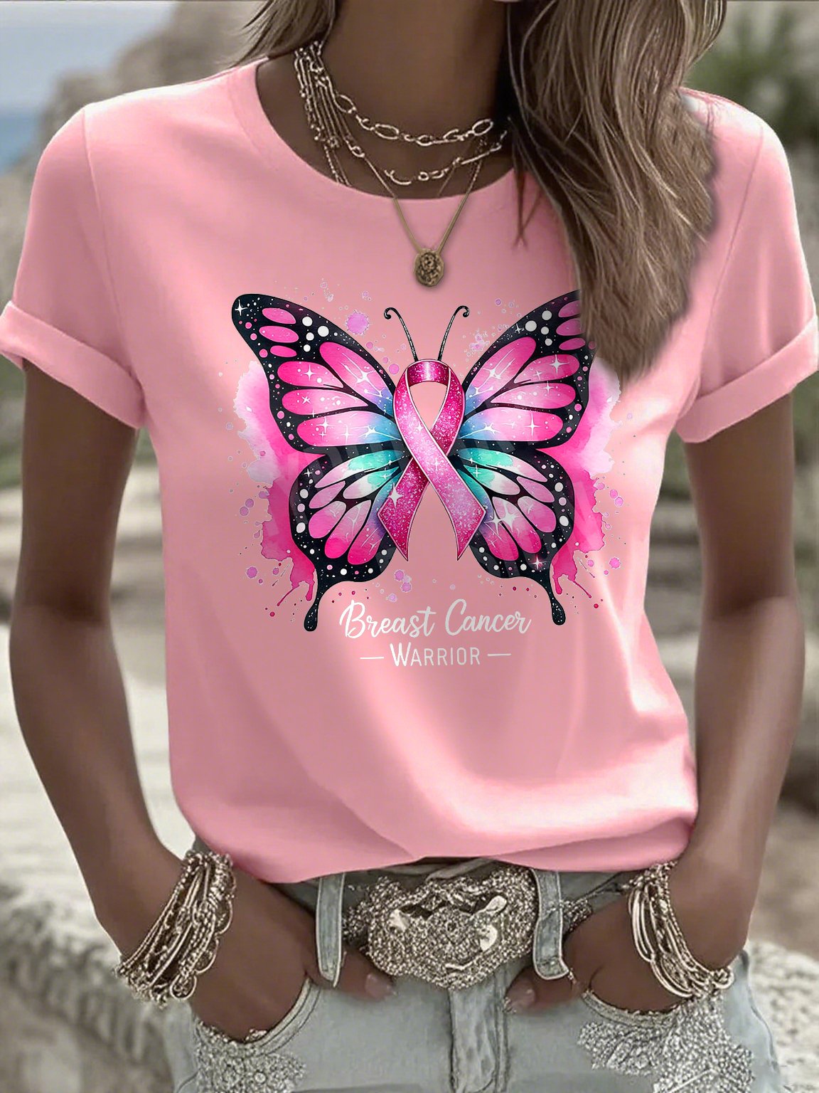 Women's Breast Cancer Ghost Print Casual T-shirt