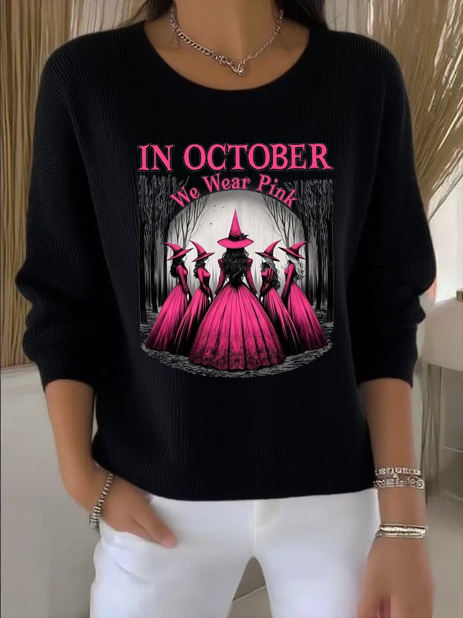 Women's casual October we wear pink witch long sleeve round neck bottoming shirt