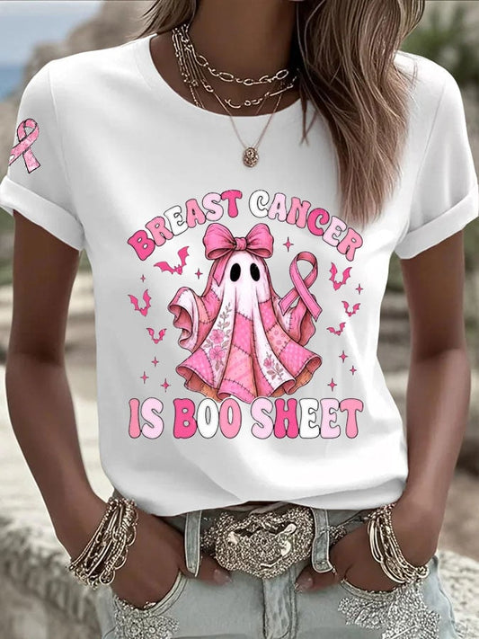 Women's Casual Retro Breast Cancer is Boo Sheet Ghost T-Shirt