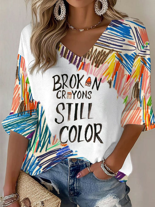 Women's Retro Broken Crayons Still Color Print T-Shirt