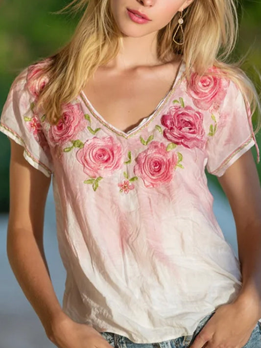 Ladies Summer Washed Wrinkled French Elegant Rose Imitation Embroidery Printed Casual Tops