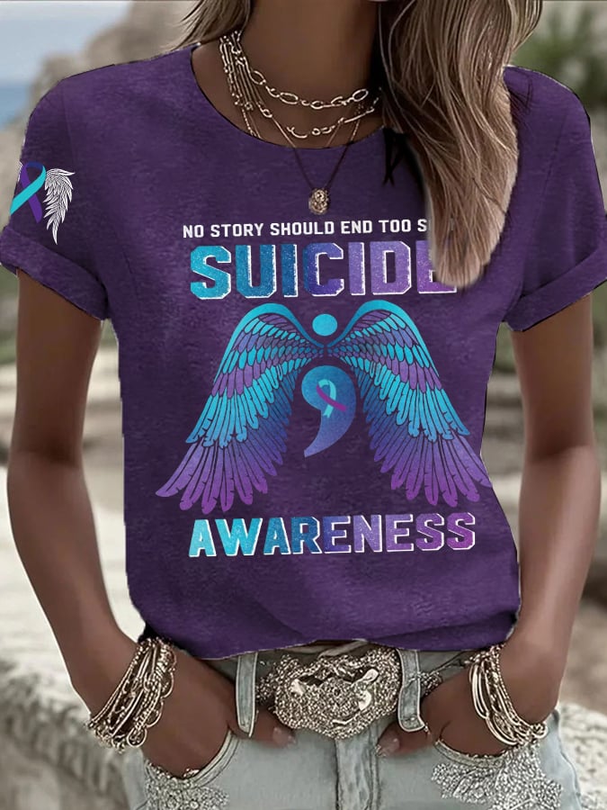 Women's No Story Should End Too Soon Suicide Awareness Print Casual T-shirt