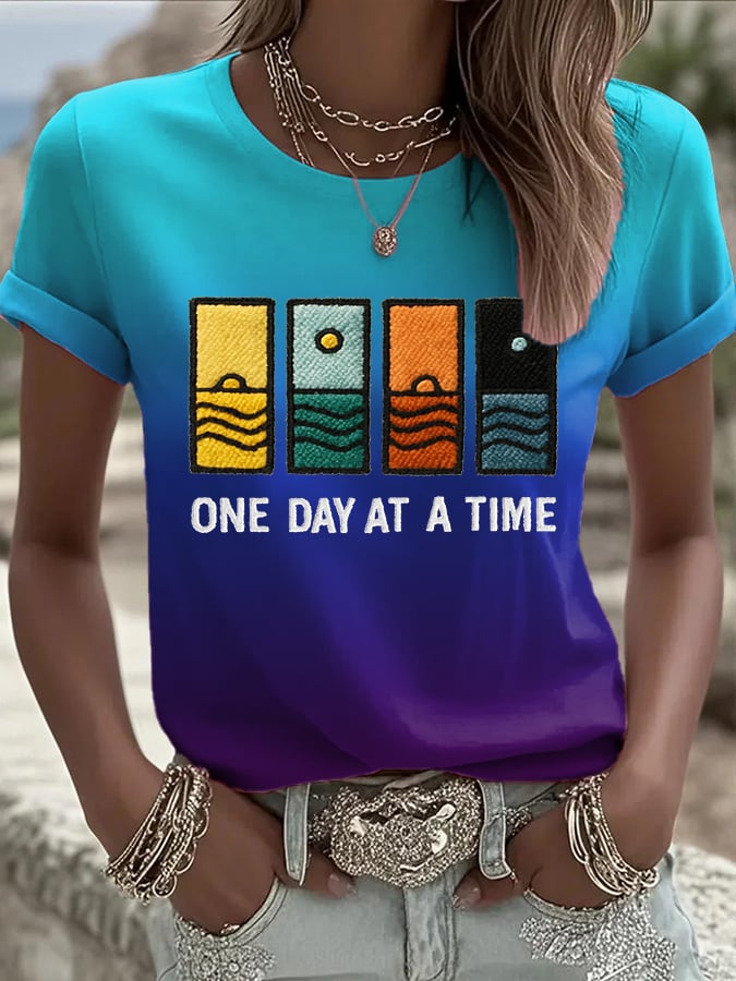 Women's Retro One Day At A Time Printed Casual T-Shirt