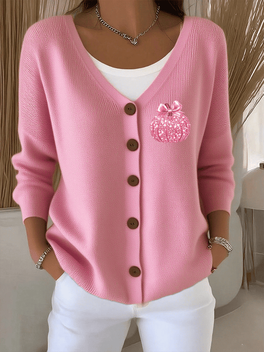 Women's Breast Cancer Sequin Pumpkin Print Chunky Knit Cardigan
