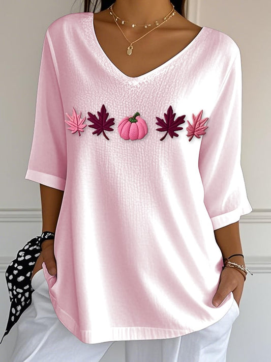 Women's Casual Pink Maple Leaf Bubble Wrinkle Top