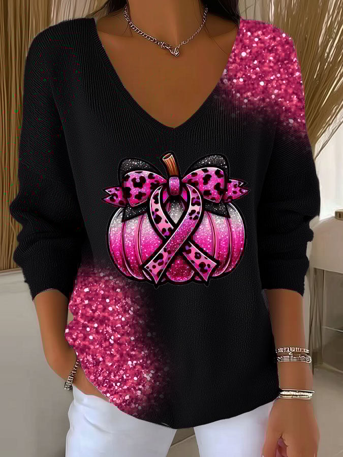 Women's Breast Cancer Sequin Pumpkin Print Casual Striped Fabric Long Sleeve T-Shirt
