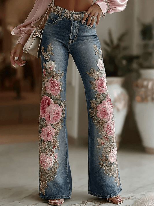 Women's Vintage Pink Rose Embroidery Art Jeans