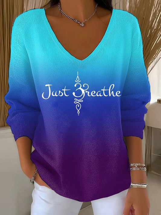 Women's Just Breathe Print V Neck Sweater