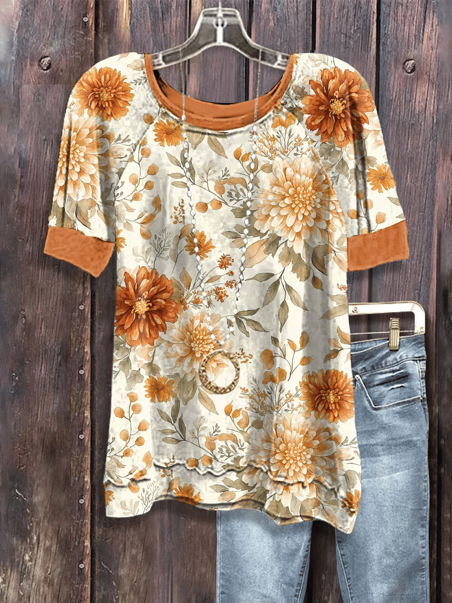 Women's Fall Pumpkin Floral Print Casual T-Shirt
