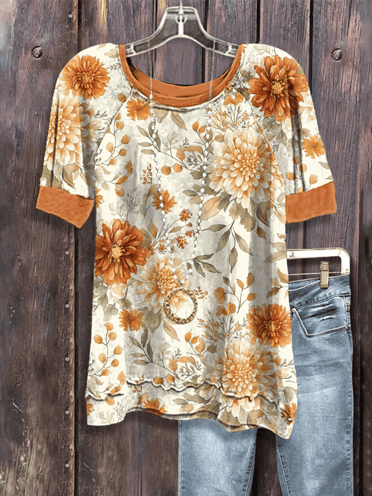 Women's Fall Pumpkin Floral Print Casual T-Shirt