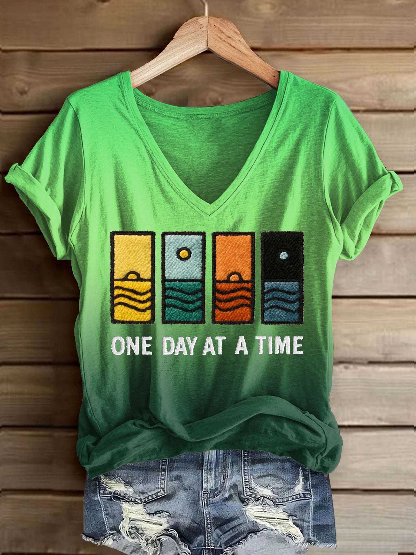 Women's Retro One Day At A Time Printed Casual T-Shirt