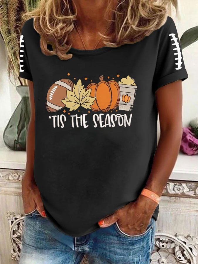 Women's FALL Football TIS THE SEASON Printed Round Neck T-Shirt