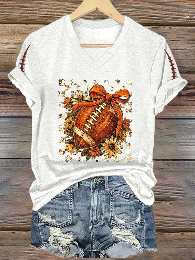 Women's V-Neck Retro Fall Means Football Print T-Shirt