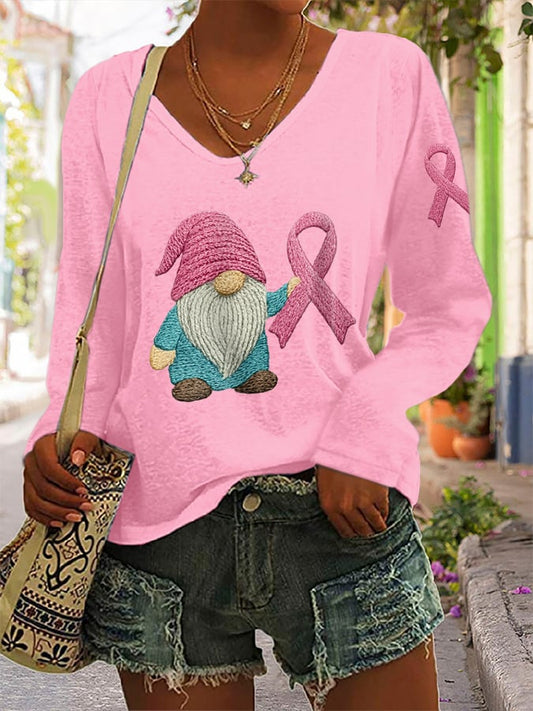 Women's Breast Cancer Awareness Print Long Sleeve V-Neck T-Shirt