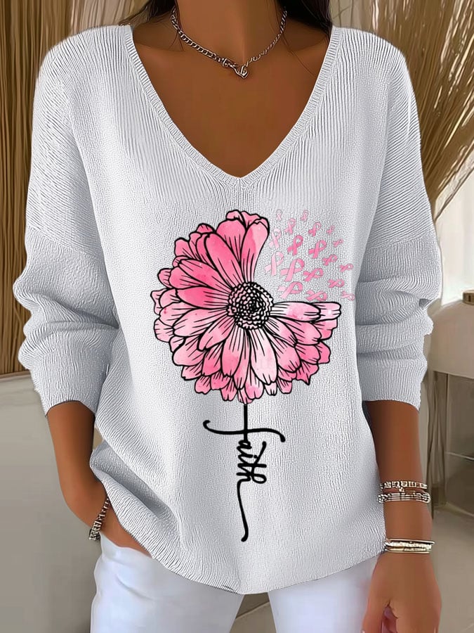 Women's Faith Breast Cancer Awareness Sunflower Print T-Shirt