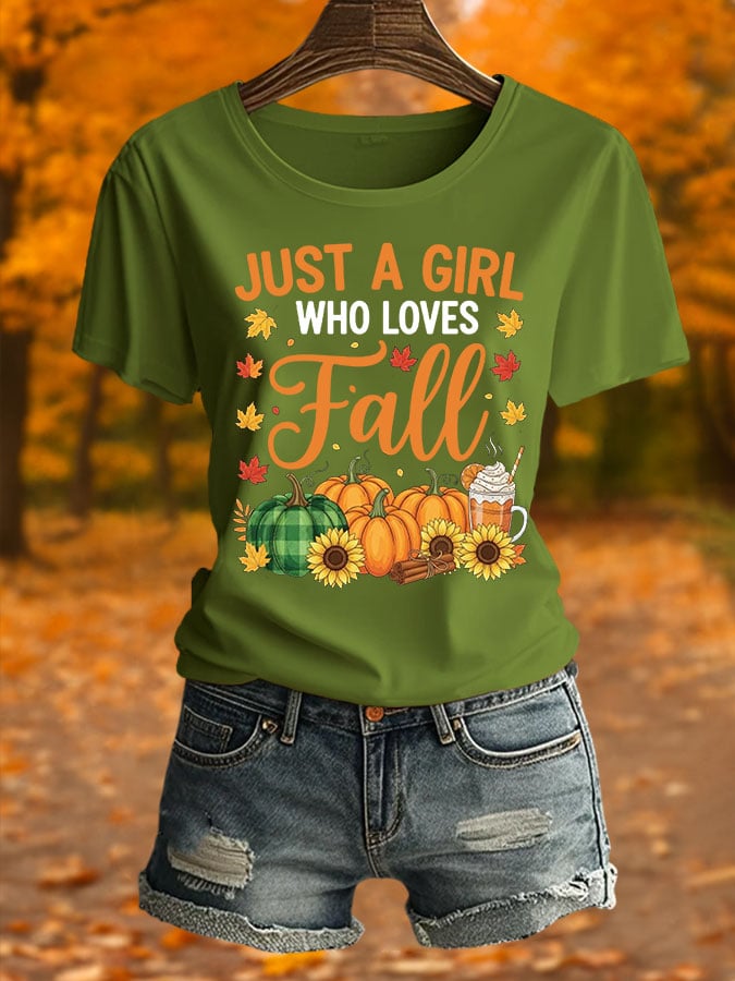 Just A Girl Who Loves Autumn Women'S Printed Round Neck T-Shirt