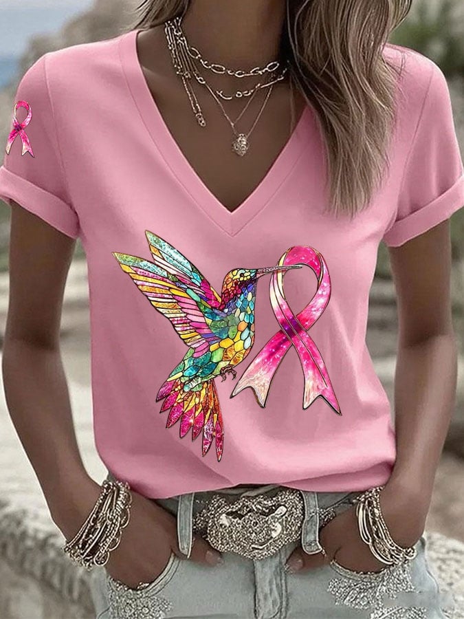 Women's Breast Cancer Hummingbird Ribbon Print Casual T-shirt