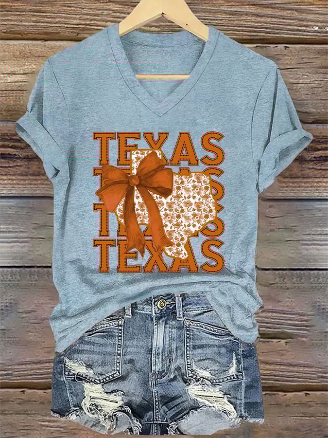 V-Neck Retro Burnt Orange Texas Coquette Bow Print T-Shirt