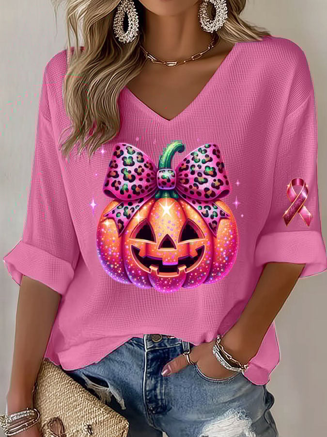Women's Casual Breast Cancer Awareness Pumpkin Long Sleeve T-Shirt