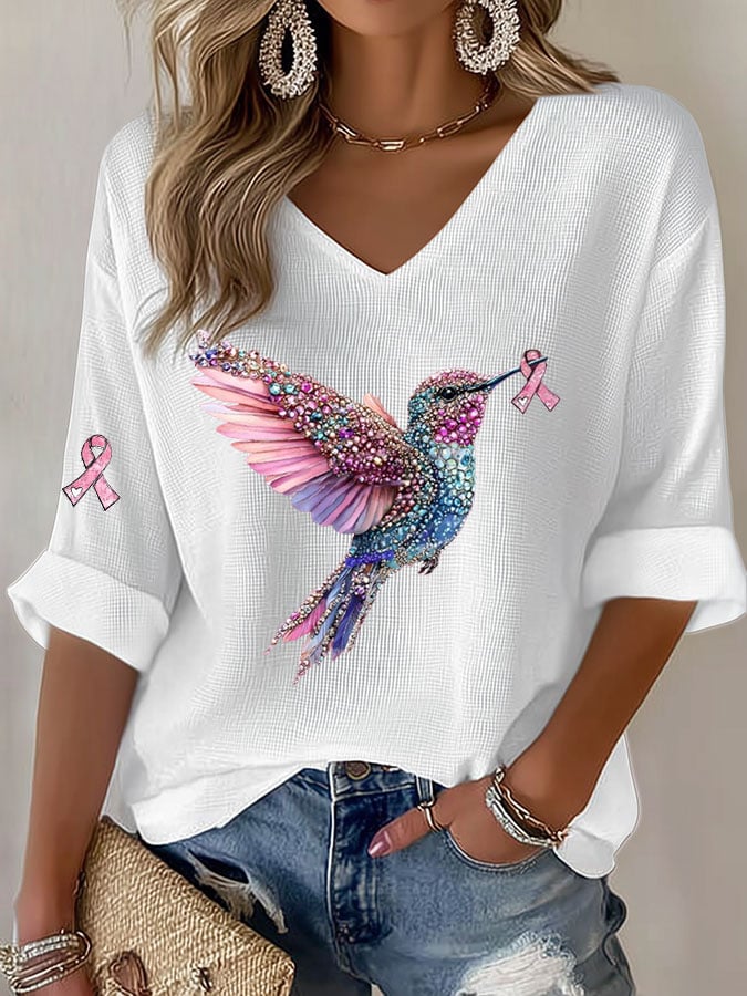 Women's Casual Breast Cancer Pink Hummingbird Ribbon Print Long Sleeve T-shirt
