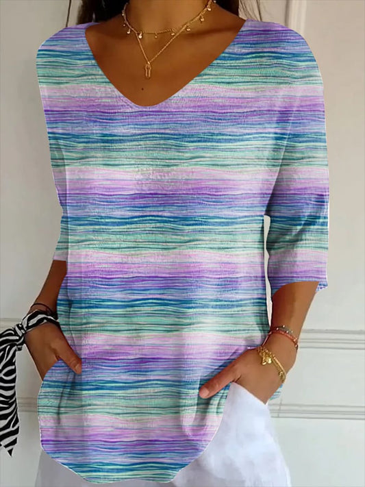 Women's Suicide Prevention Awareness Stripe Print Ribbed Fabric Casual V Neck Mid Sleeve T-Shirt