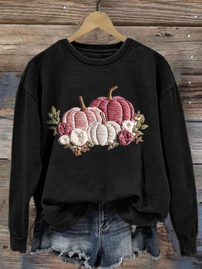 Women's Autumn Pumpkin Embroidery Print Sweatshirt