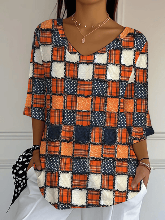 Women's Casual Autumn Patchwork Bubble Wrinkle Cotton And Linen Top