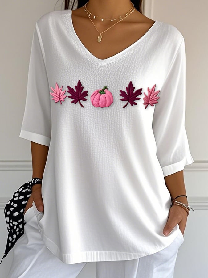 Women's Casual Pink Maple Leaf Bubble Wrinkle Top