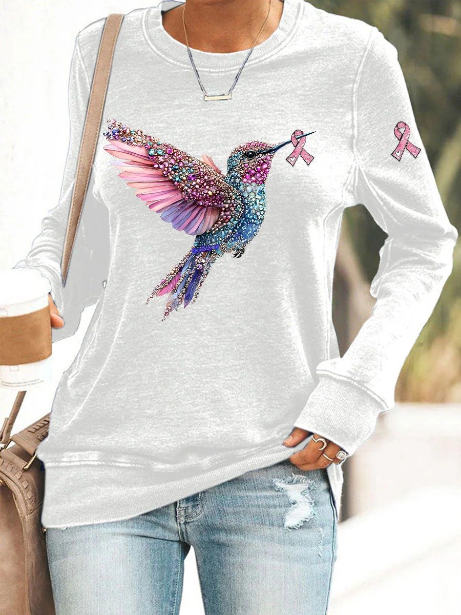 Women's Breast Cancer Awareness Hummingbird Ribbon Print Sweatshirt