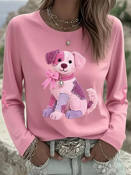 Women's Pink Dog Pink Ribbon Breast Cancer Awareness Support Print Casual Long Sleeve T-Shirt