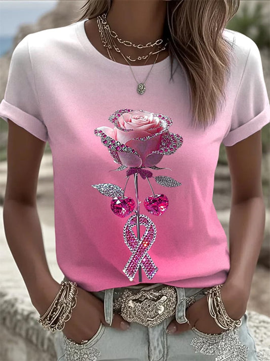 Women's Breast Cancer Awareness Print Round Neck T-Shirt