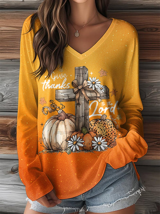 Women's Retro Autumn Faith Graphic Print V-Neck Top