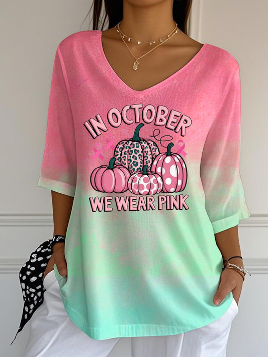 Women's Beat Breast Cancer Pink Pumpkin Print T-Shirt