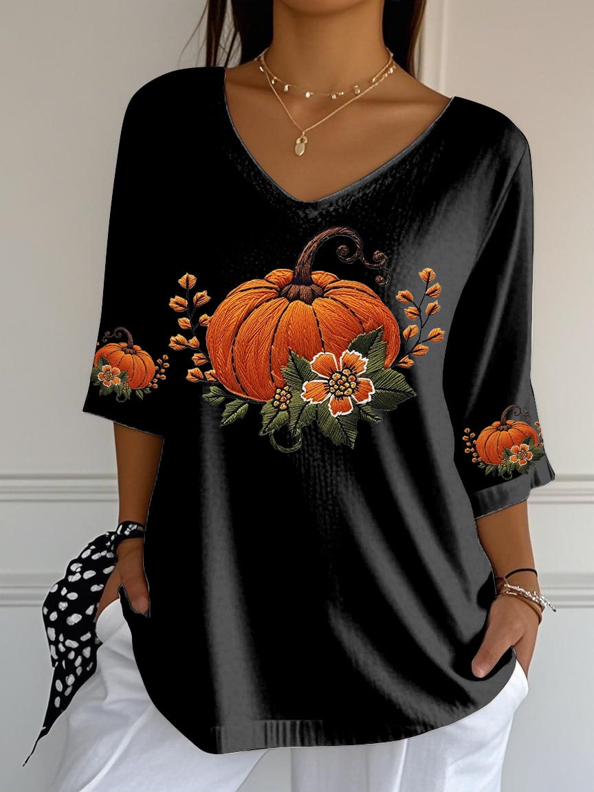 Women's Retro Autumn Pumpkin Print Mid Sleeve T-Shirt