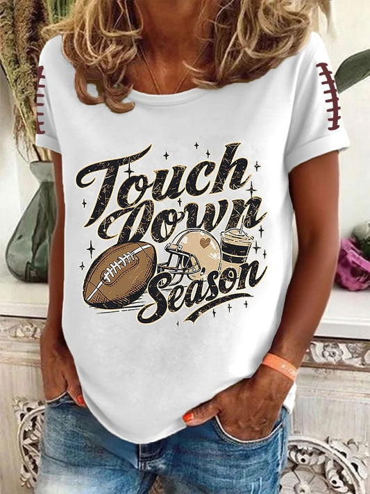 Women's Football Touch Down Season Printed Round Neck T-Shirt