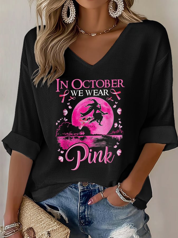 Women's Casual October We Wear Pink Witch Waffle Long Sleeve T-Shirt