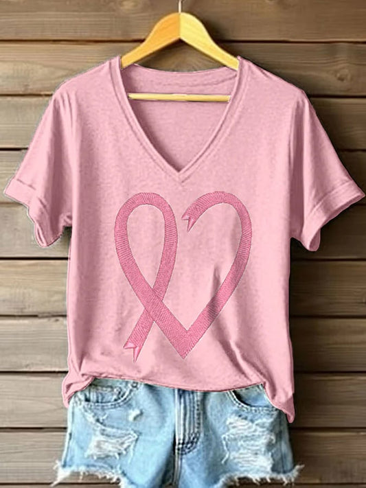 Women's Breast Cancer Awareness Print V Neck T-shirt