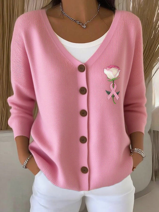 Women's pink embroidered floral print knitted cardigan