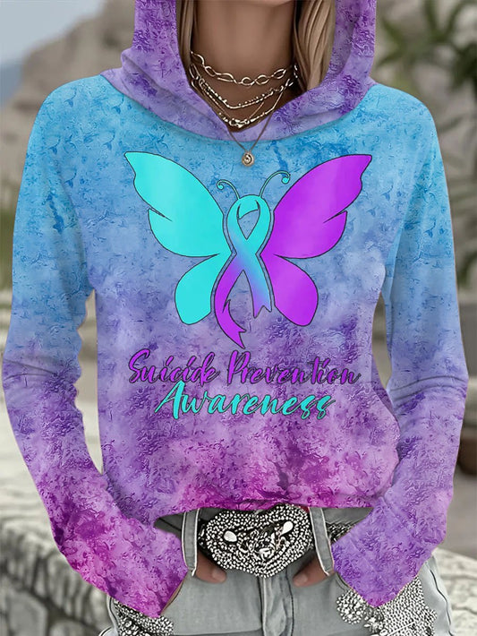 Women's Retro Suicide Prevention Awareness Print Casual Hoodie