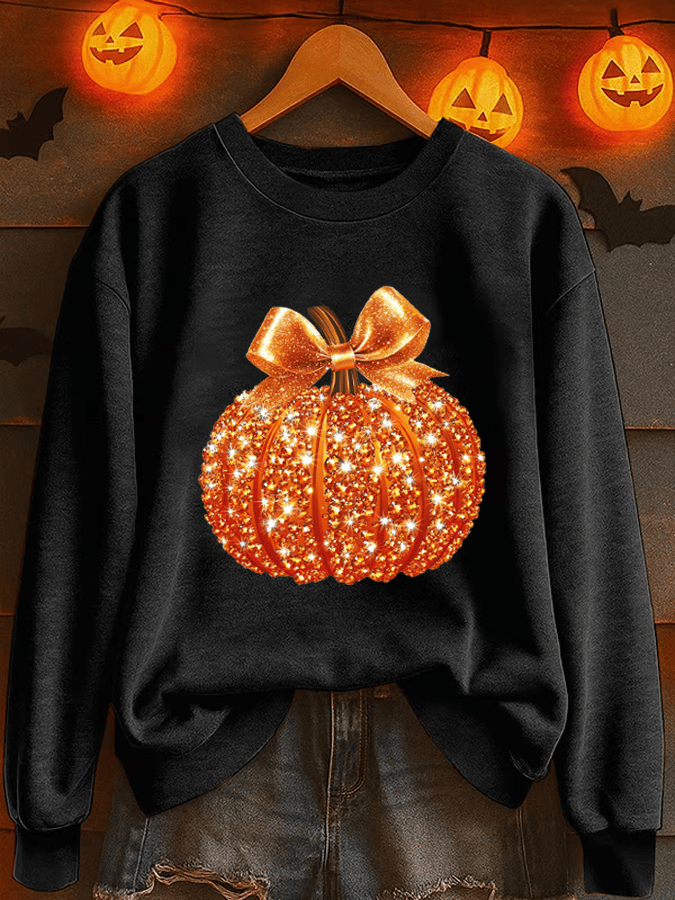 Women's Sequin Pumpkin Print Crew Neck Sweatshirt