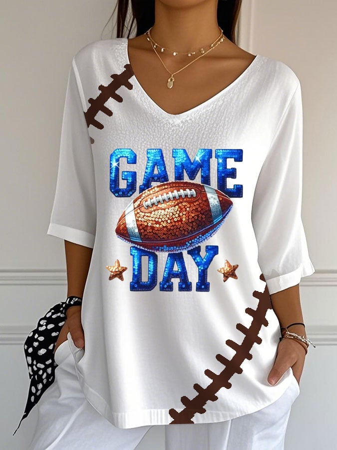 Women's Football Print Casual V-Neck T-Shirt