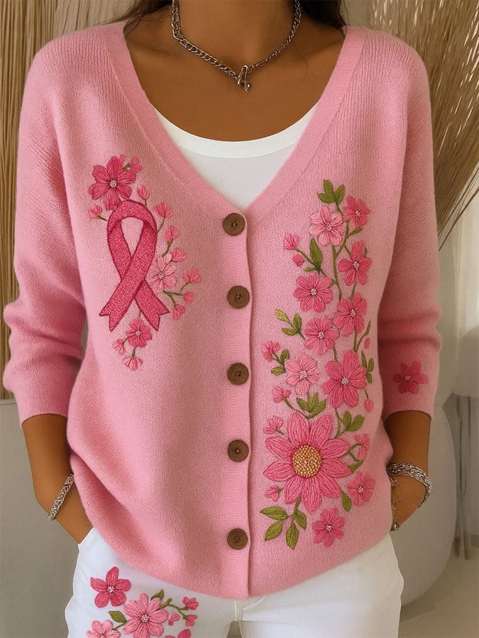 Women's Breast Cancer Print Chunky Knit Cardigan